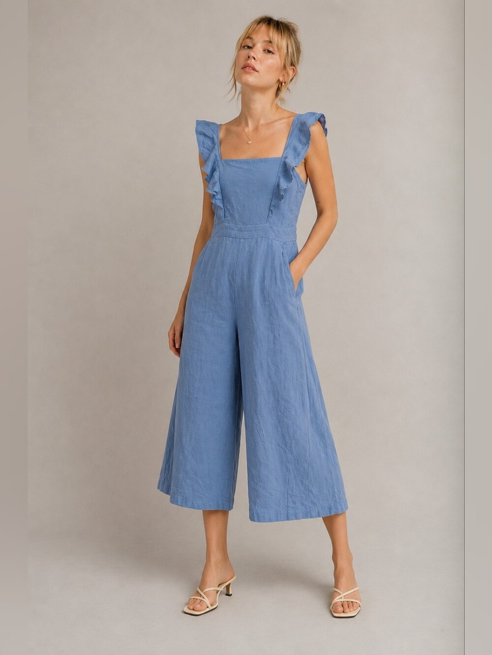 Dynamite Blue Ruffle Wide Leg Jumpsuit – Size Small